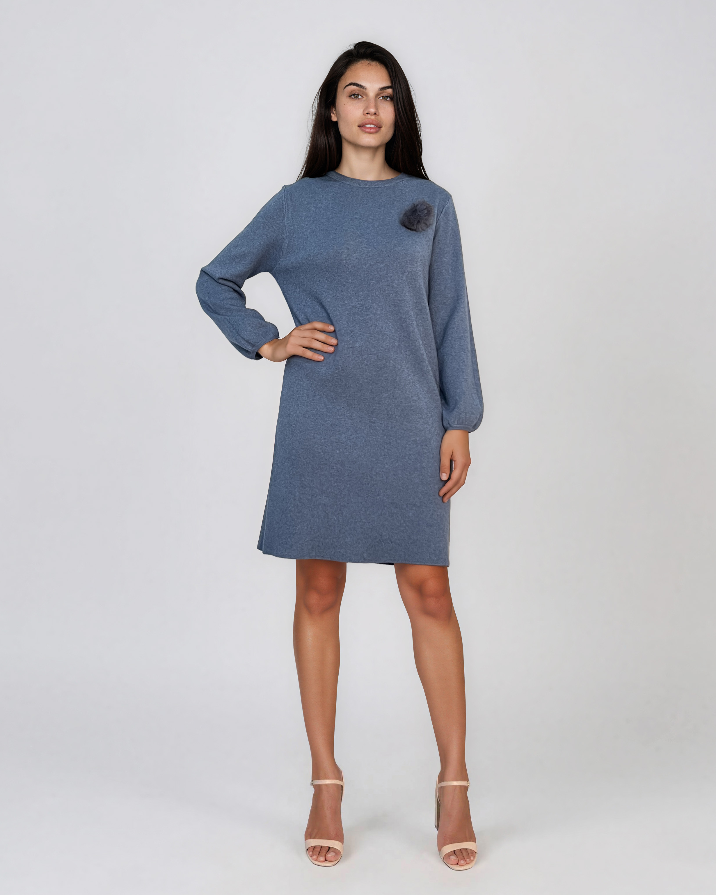 Rochie din tricot fin cu mâneci bufante şi floare aplicată albastru DY735