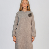 Rochie din tricot fin cu mâneci bufante şi floare aplicată beige DY735