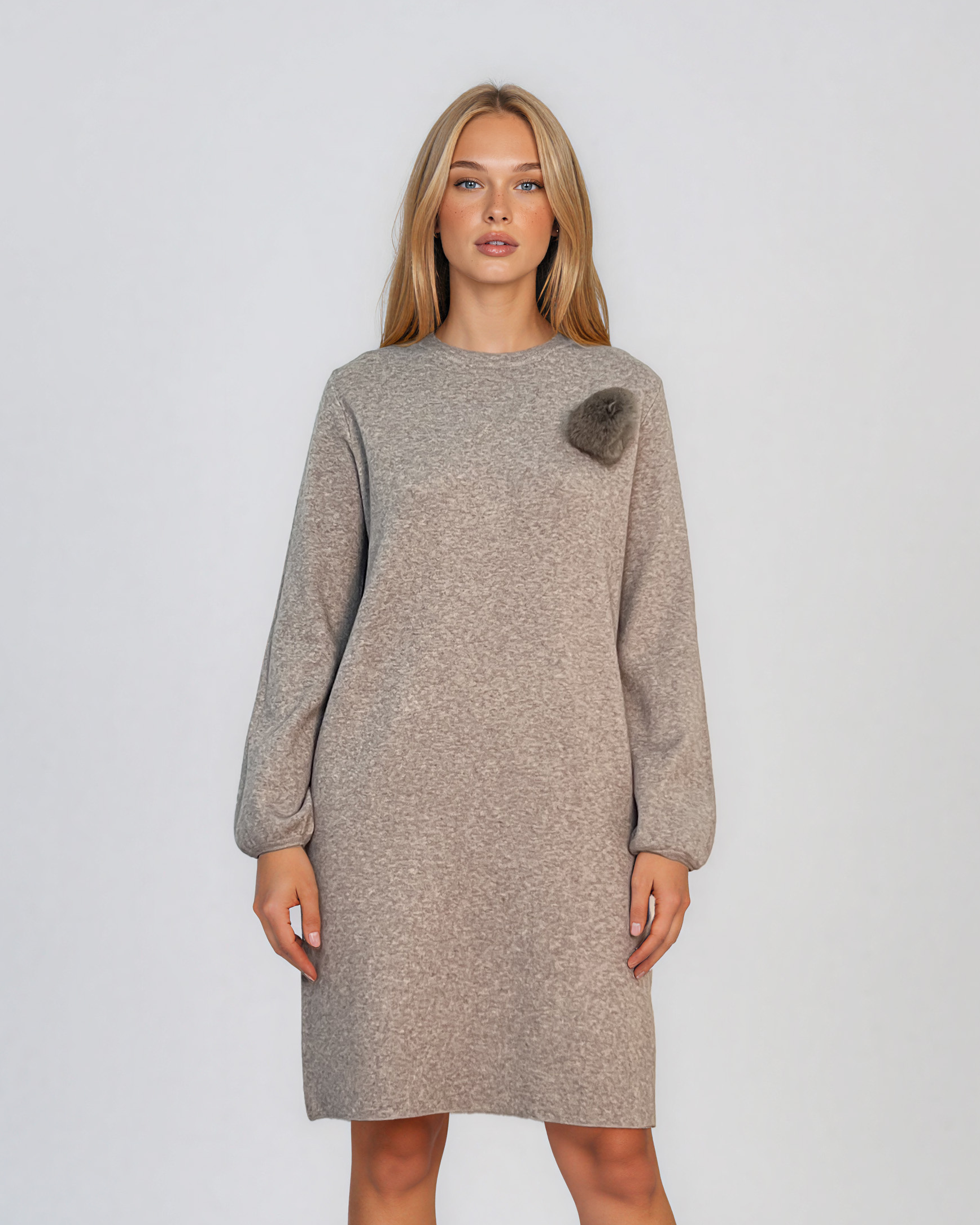 Rochie din tricot fin cu mâneci bufante şi floare aplicată beige DY735