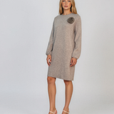 Rochie din tricot fin cu mâneci bufante şi floare aplicată beige DY735