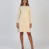 Rochie din tricot fin cu mâneci bufante şi floare aplicată crem DY735