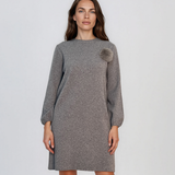 Rochie din tricot fin cu mâneci bufante şi floare aplicată gri DY735