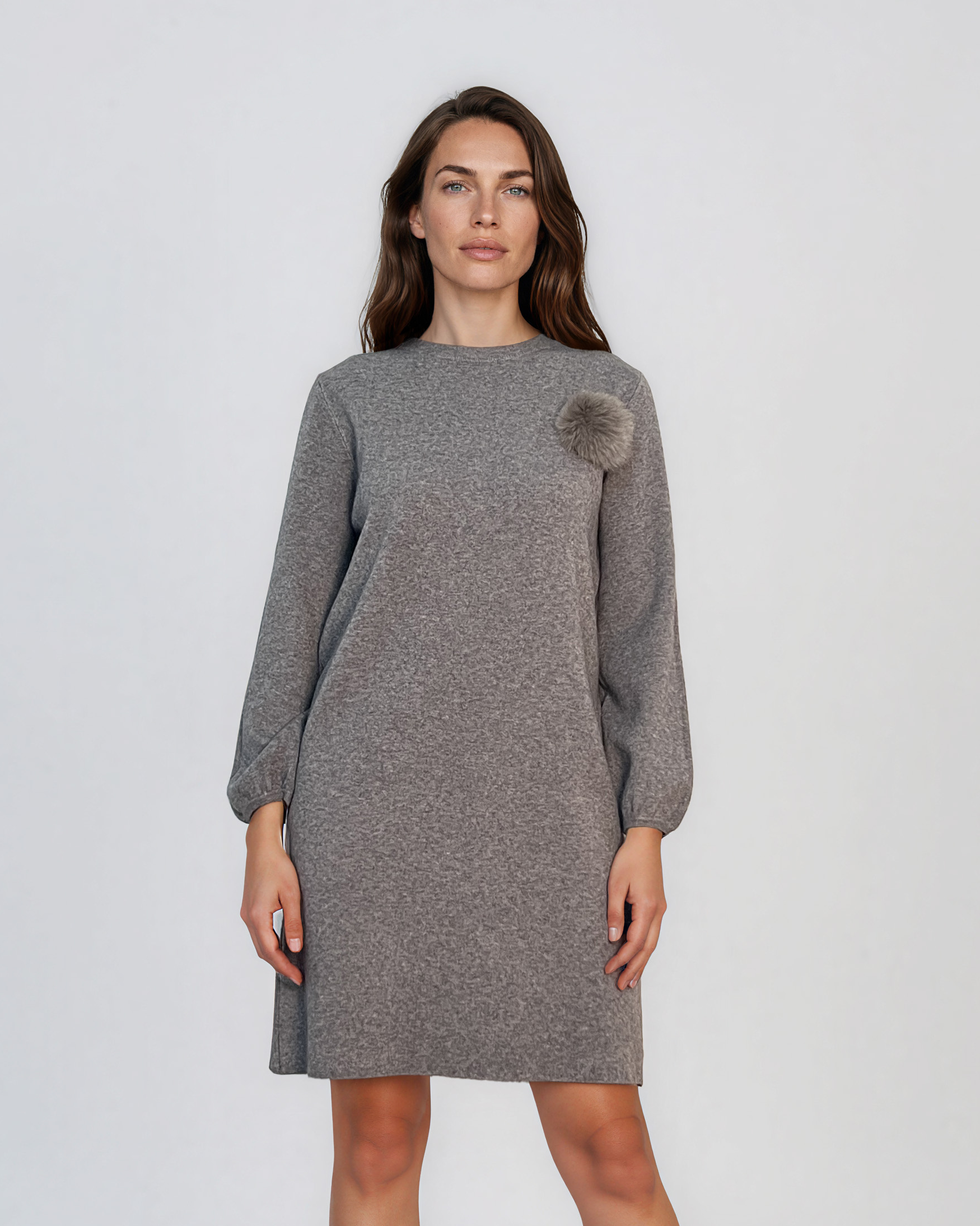 Rochie din tricot fin cu mâneci bufante şi floare aplicată gri DY735