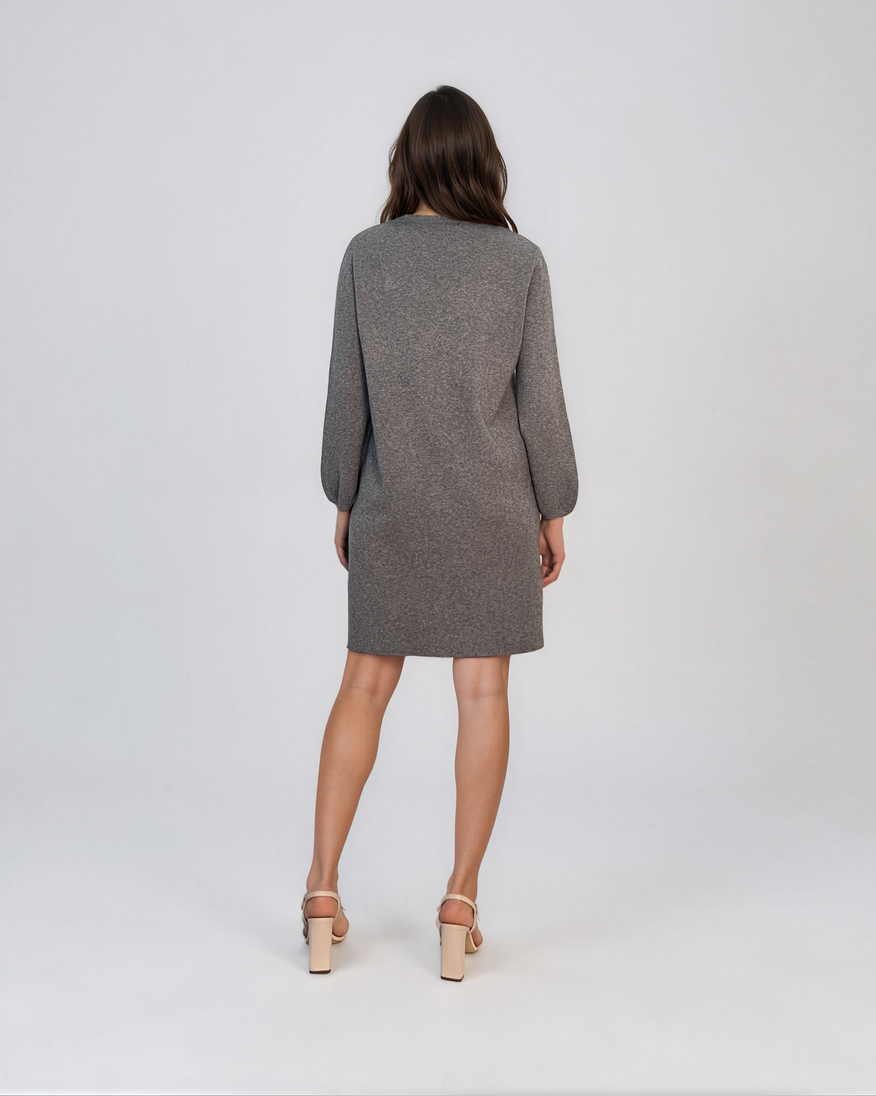 Rochie din tricot fin cu mâneci bufante şi floare aplicată gri DY735
