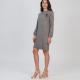 Rochie din tricot fin cu mâneci bufante şi floare aplicată gri DY735