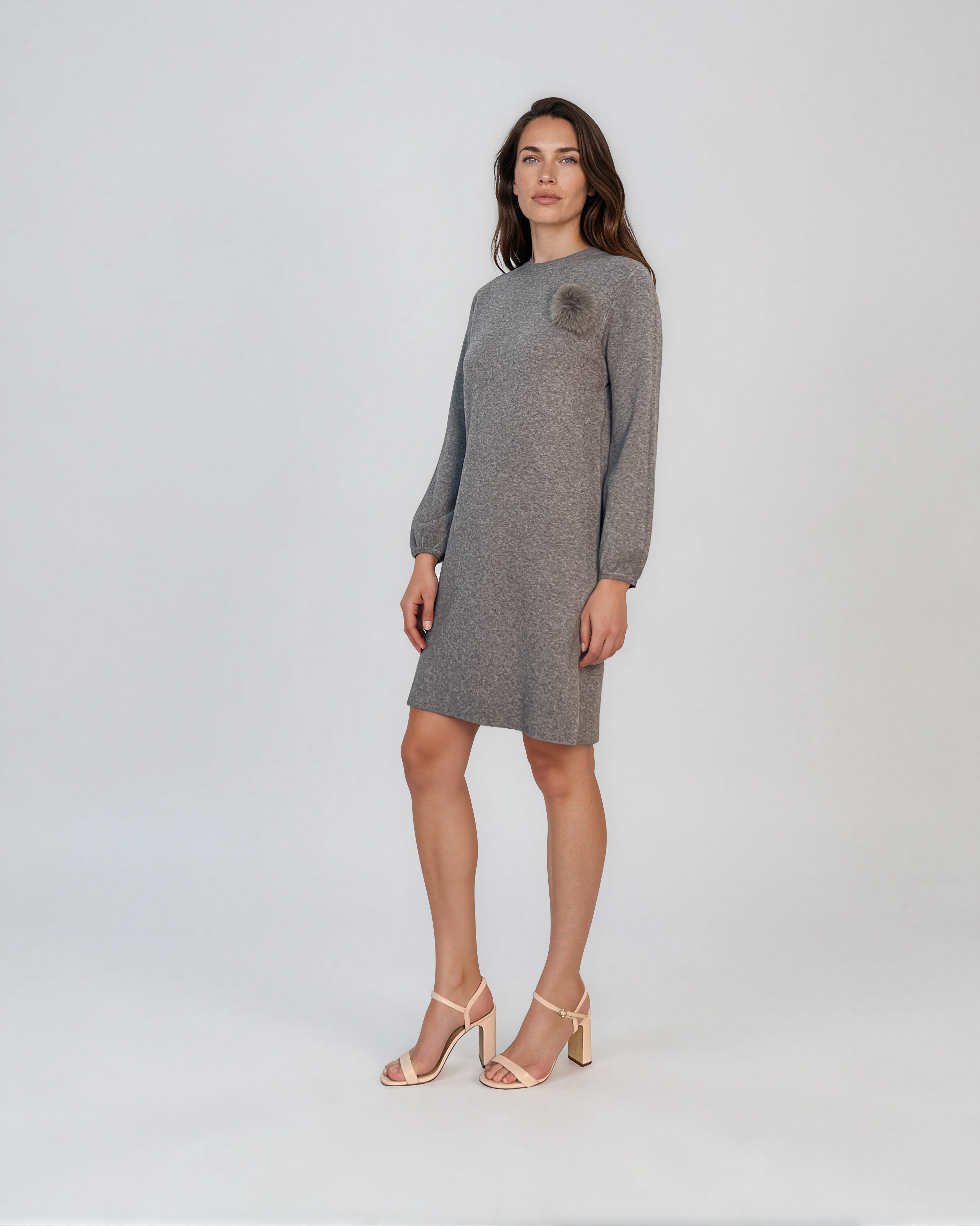 Rochie din tricot fin cu mâneci bufante şi floare aplicată gri DY735