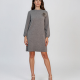 Rochie din tricot fin cu mâneci bufante şi floare aplicată gri DY735