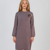 Rochie din tricot fin cu mâneci bufante şi floare aplicată mov DY735