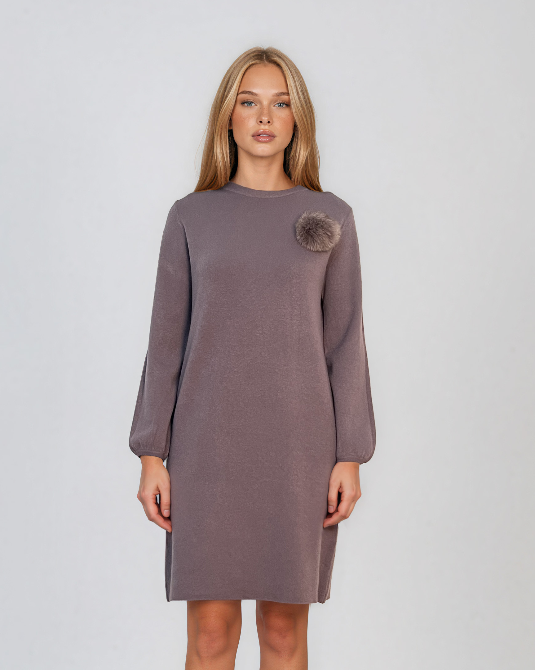 Rochie din tricot fin cu mâneci bufante şi floare aplicată mov DY735
