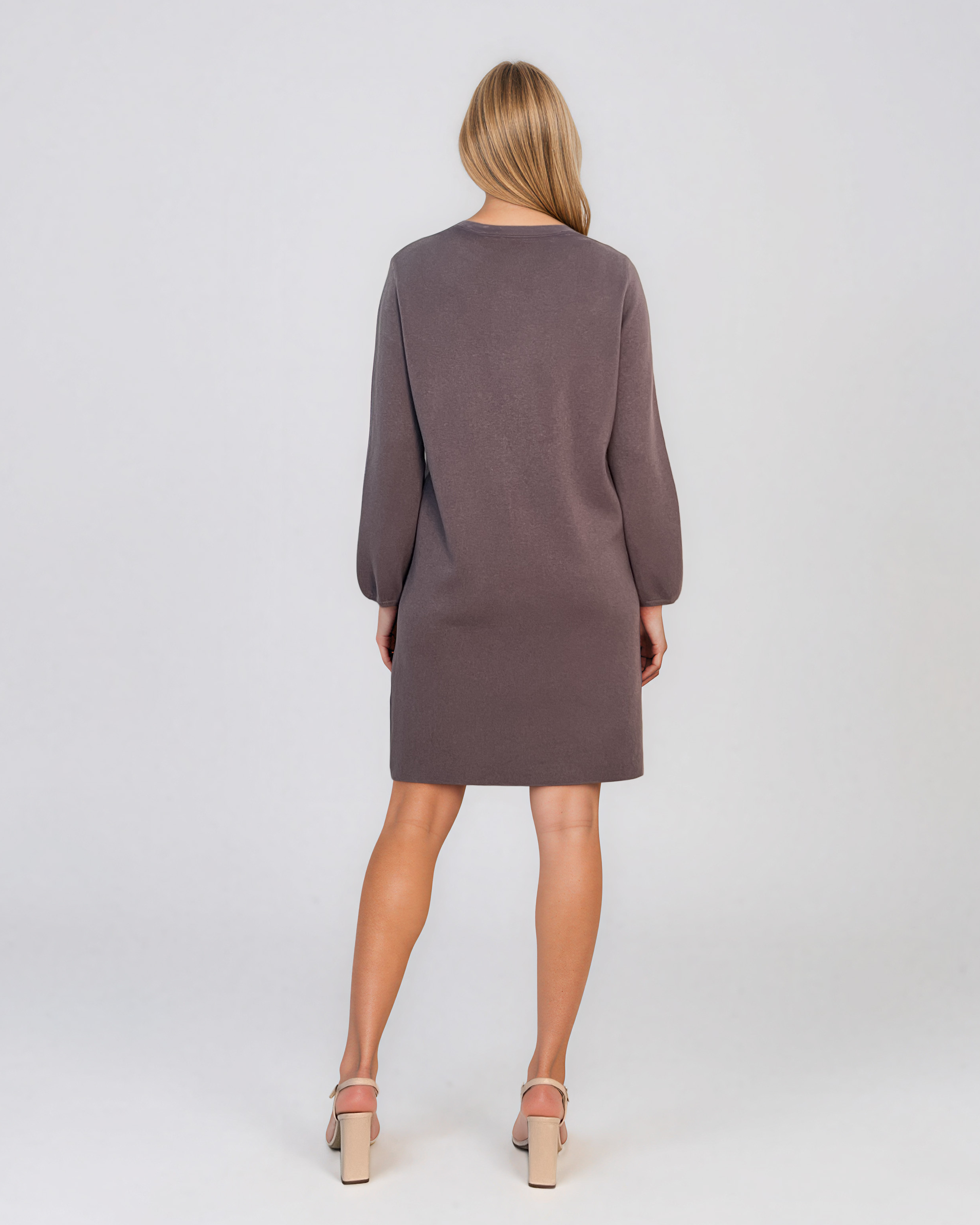 Rochie din tricot fin cu mâneci bufante şi floare aplicată mov DY735