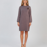 Rochie din tricot fin cu mâneci bufante şi floare aplicată mov DY735