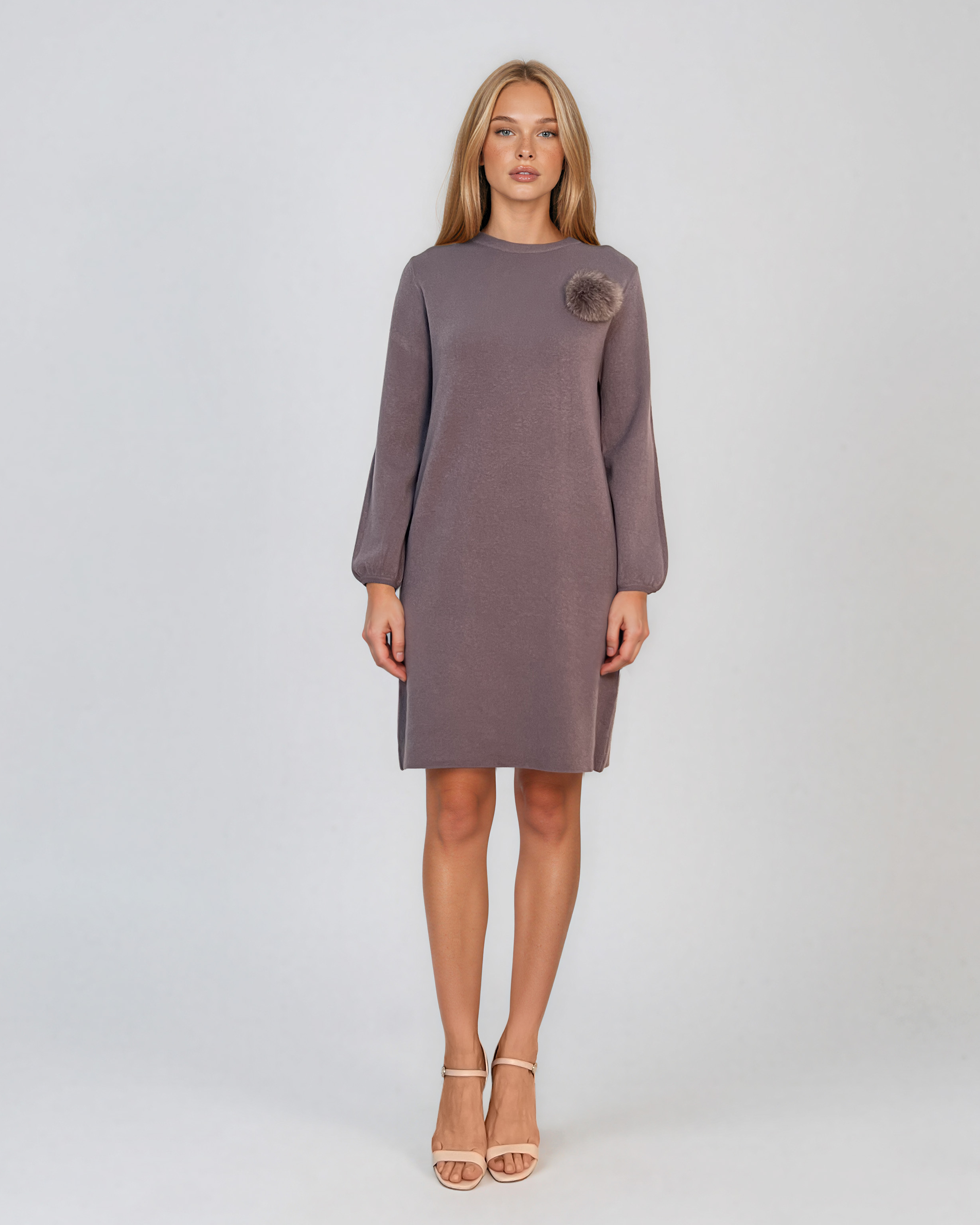 Rochie din tricot fin cu mâneci bufante şi floare aplicată mov DY735
