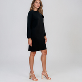 Rochie din tricot fin cu mâneci bufante şi floare aplicată negru DY735