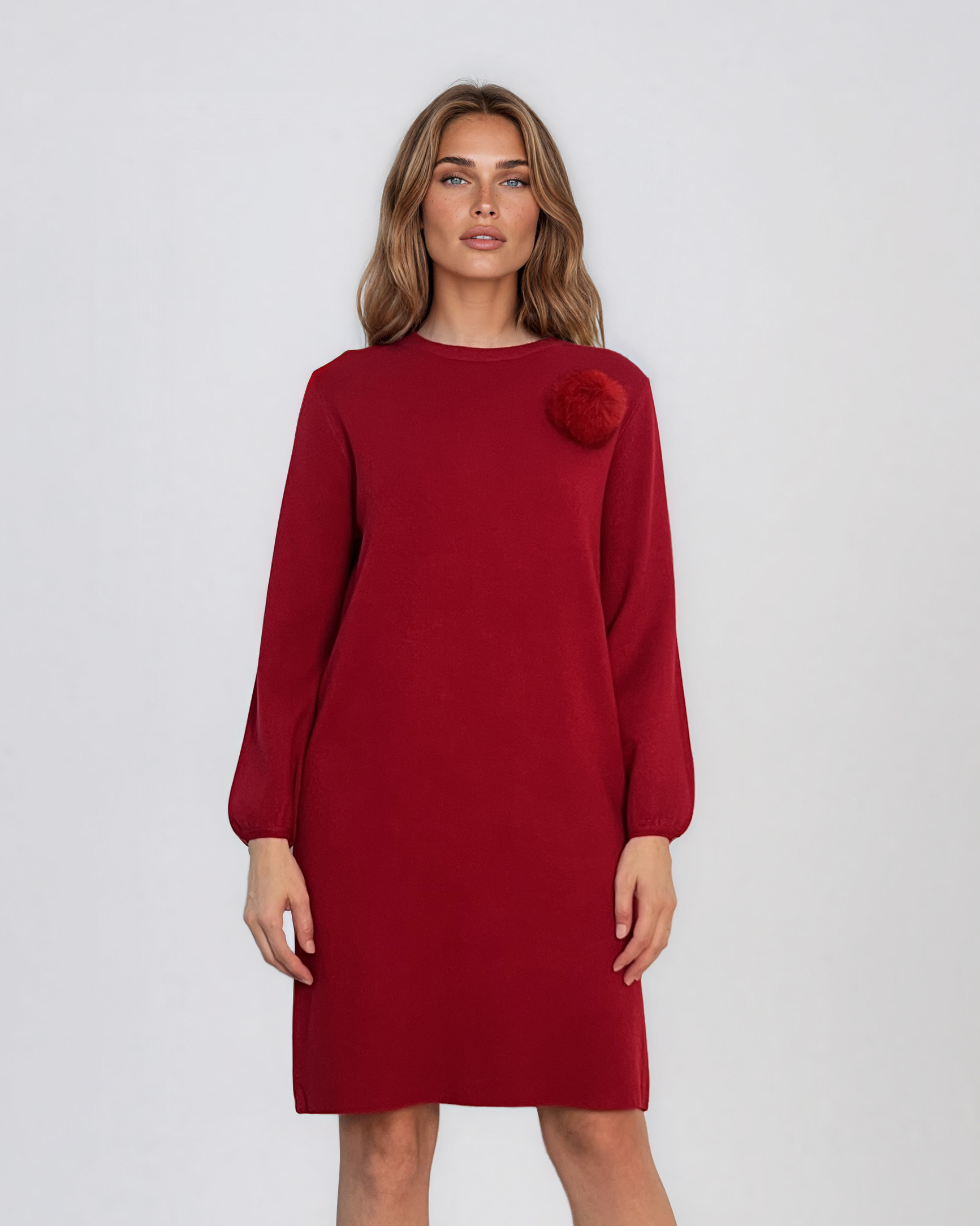 Rochie din tricot fin cu mâneci bufante şi floare aplicată roşu DY735