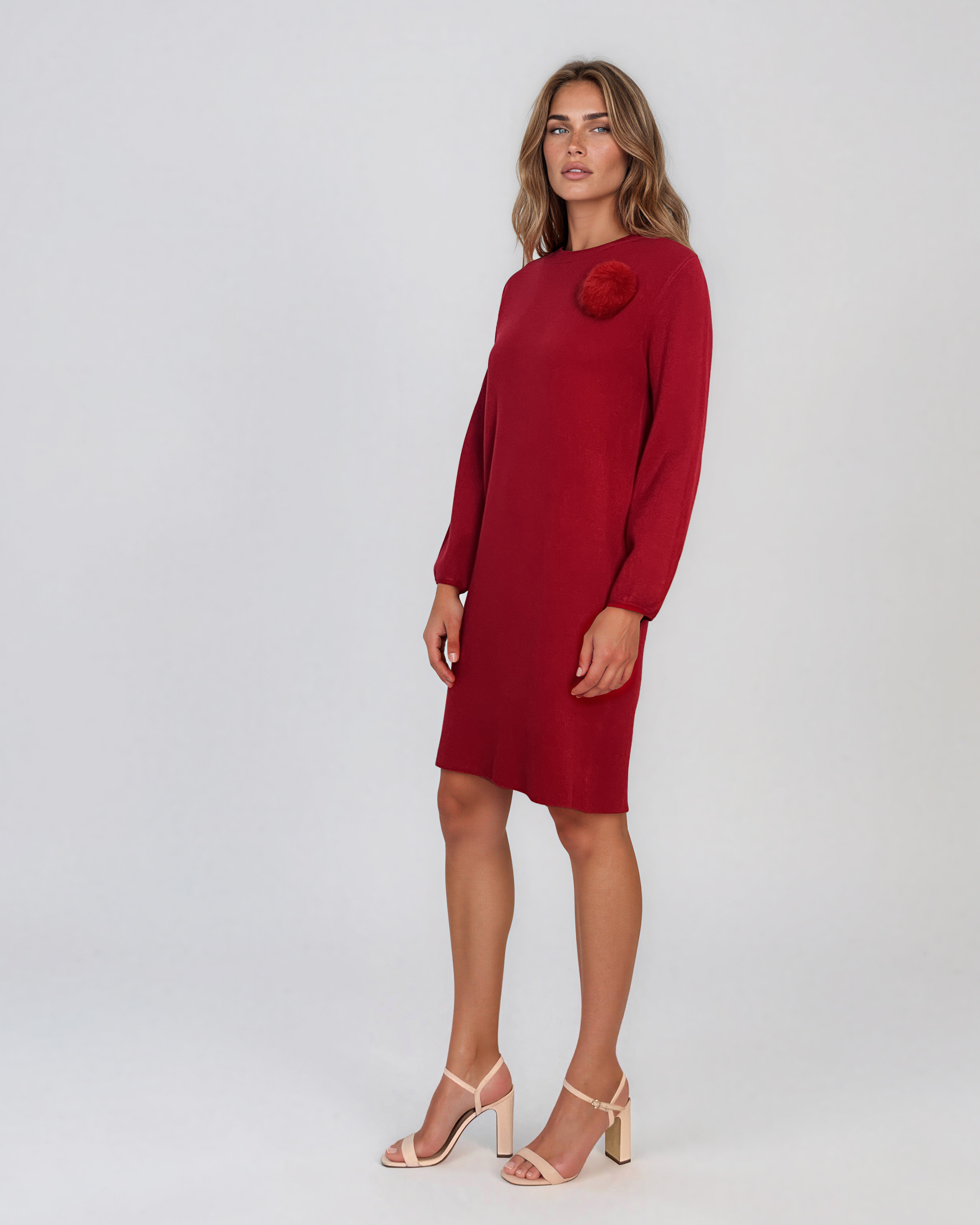 Rochie din tricot fin cu mâneci bufante şi floare aplicată roşu DY735