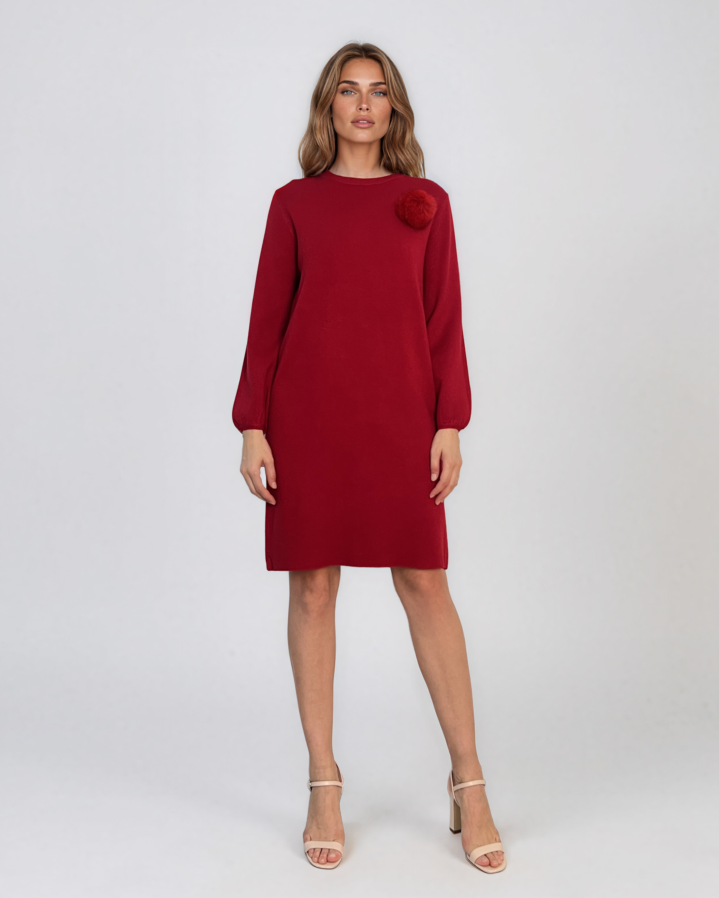 Rochie din tricot fin cu mâneci bufante şi floare aplicată roşu DY735