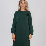 Rochie din tricot fin cu mâneci bufante şi floare aplicată verde DY735