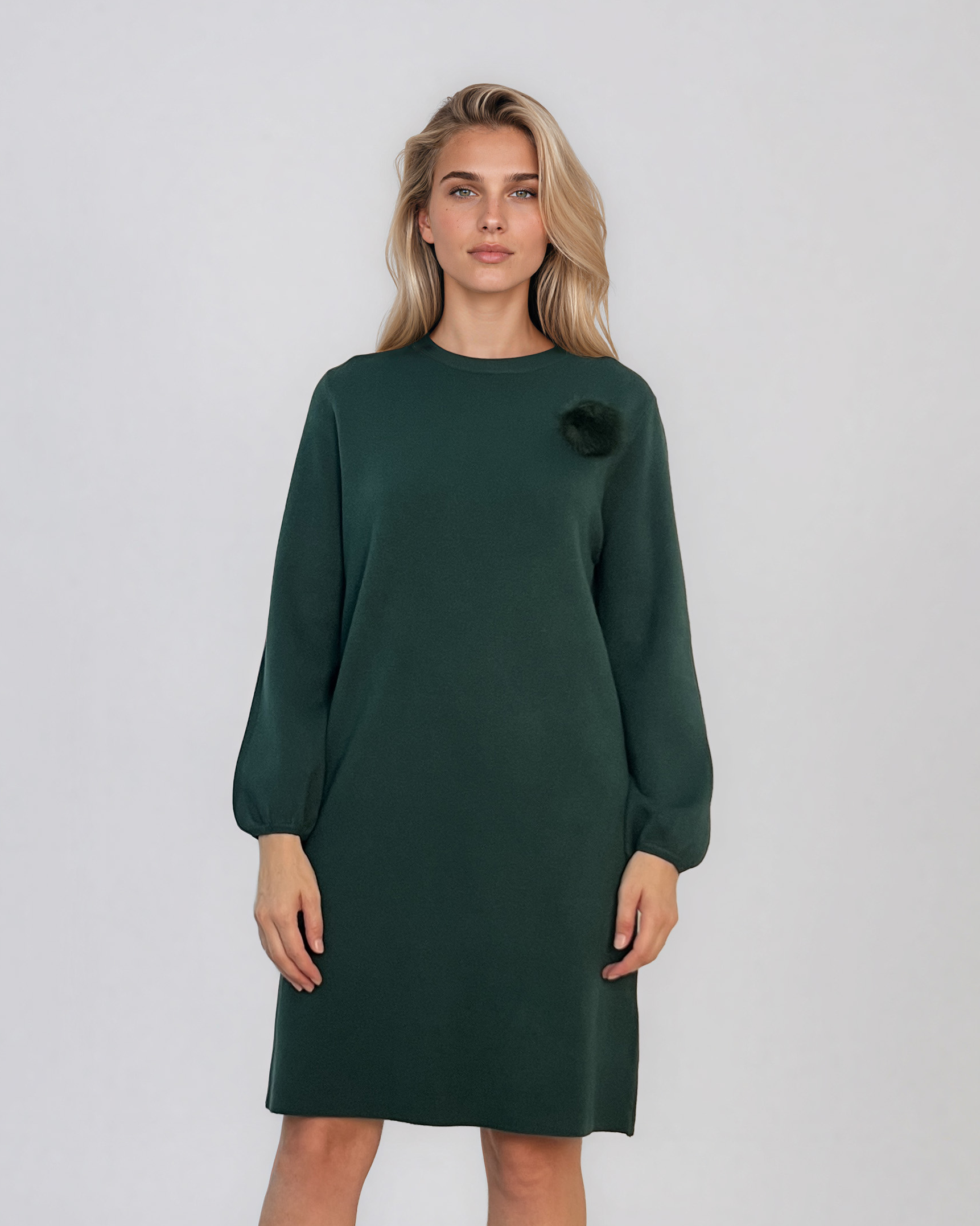 Rochie din tricot fin cu mâneci bufante şi floare aplicată verde DY735