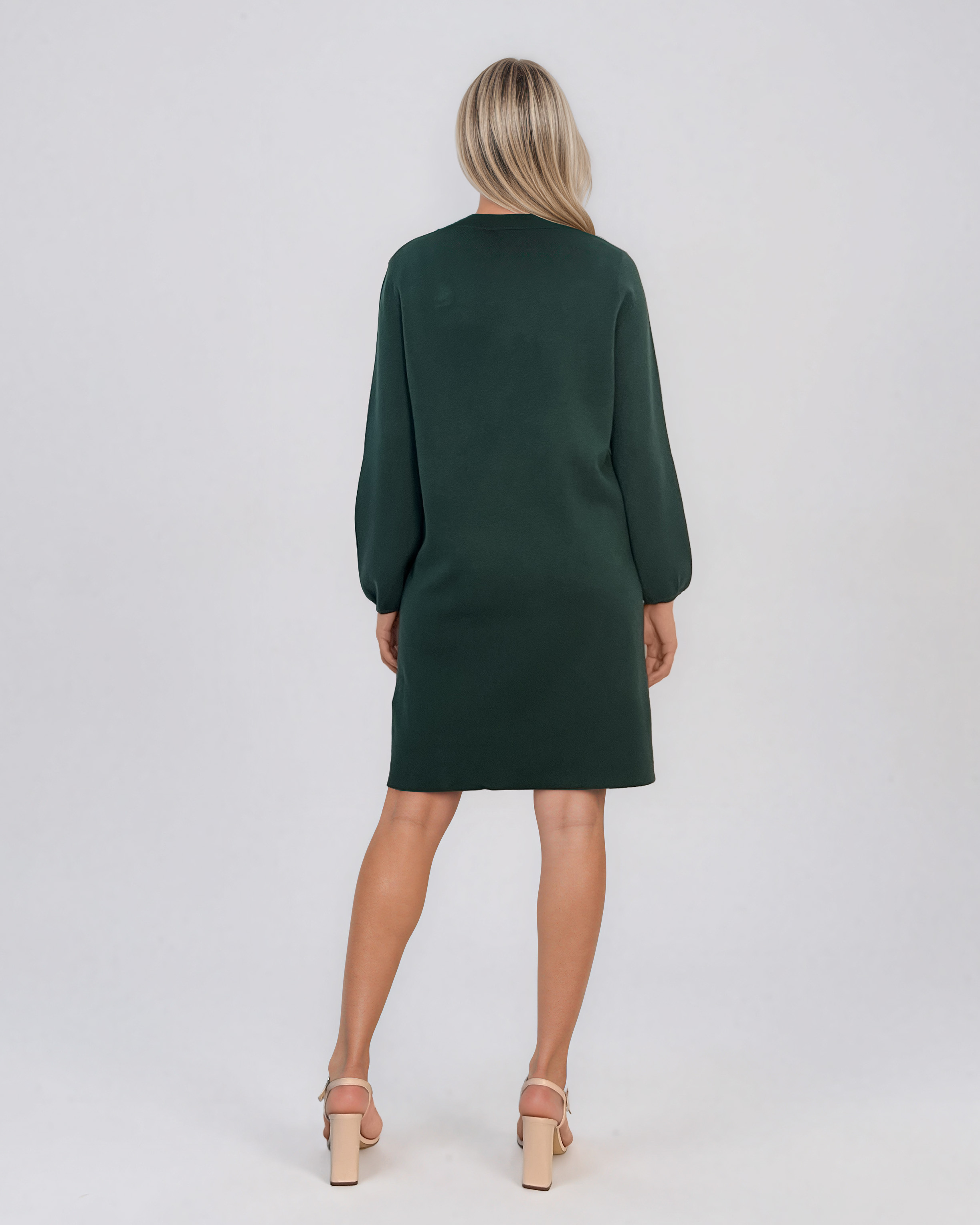 Rochie din tricot fin cu mâneci bufante şi floare aplicată verde DY735
