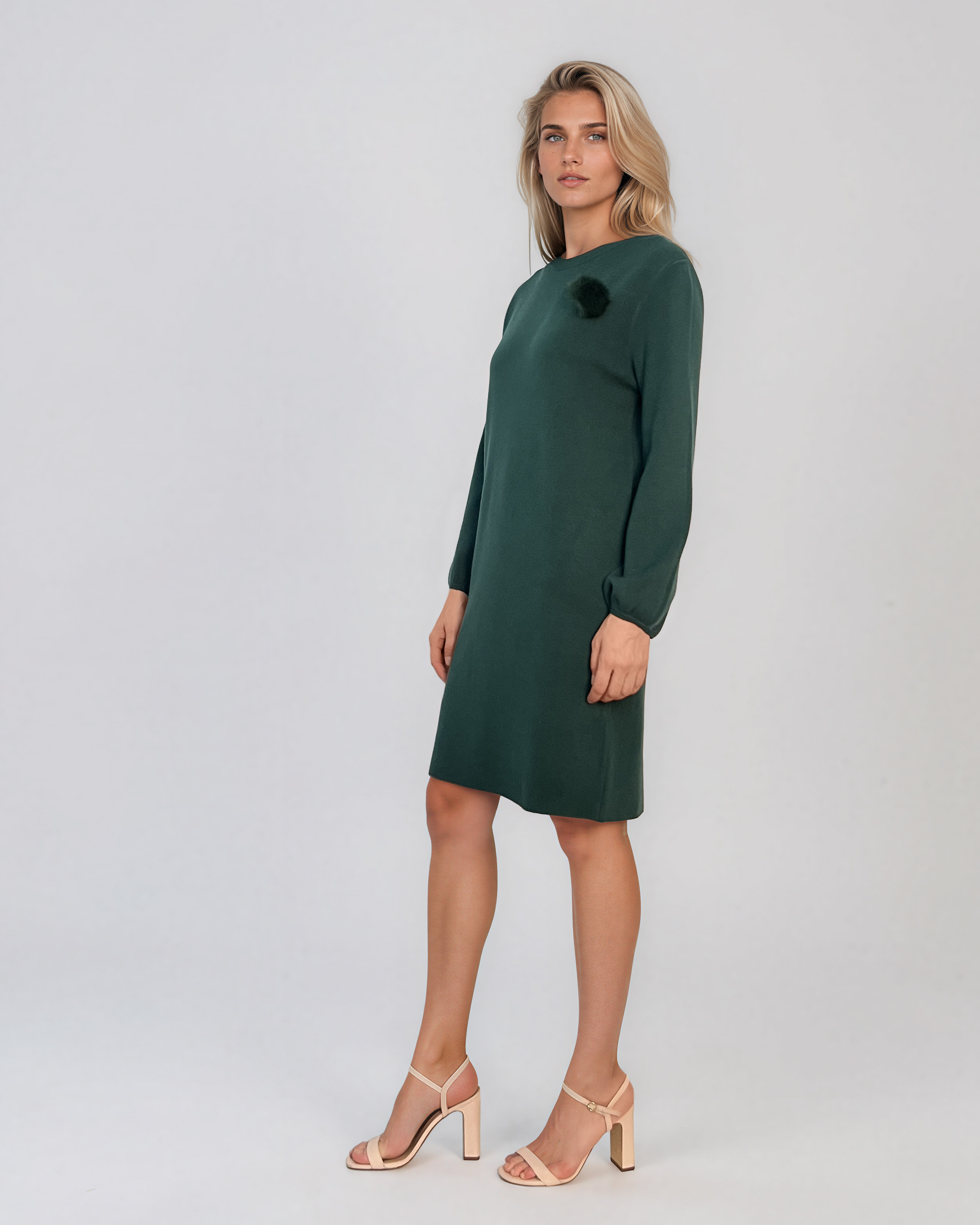 Rochie din tricot fin cu mâneci bufante şi floare aplicată verde DY735