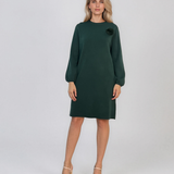 Rochie din tricot fin cu mâneci bufante şi floare aplicată verde DY735