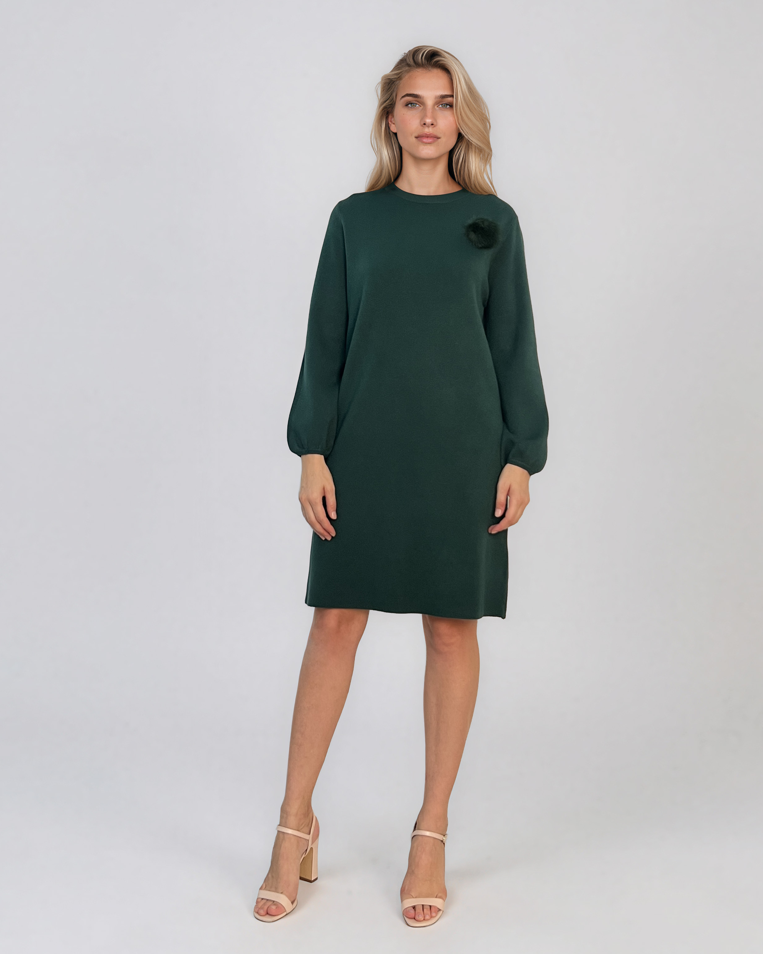 Rochie din tricot fin cu mâneci bufante şi floare aplicată verde DY735
