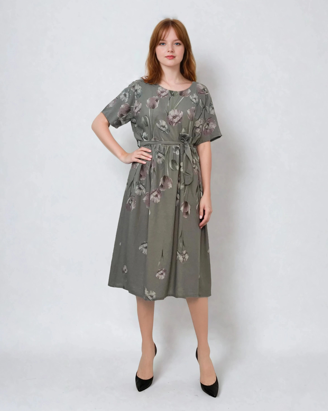 Rochie in print floral cu cordon-Grej 