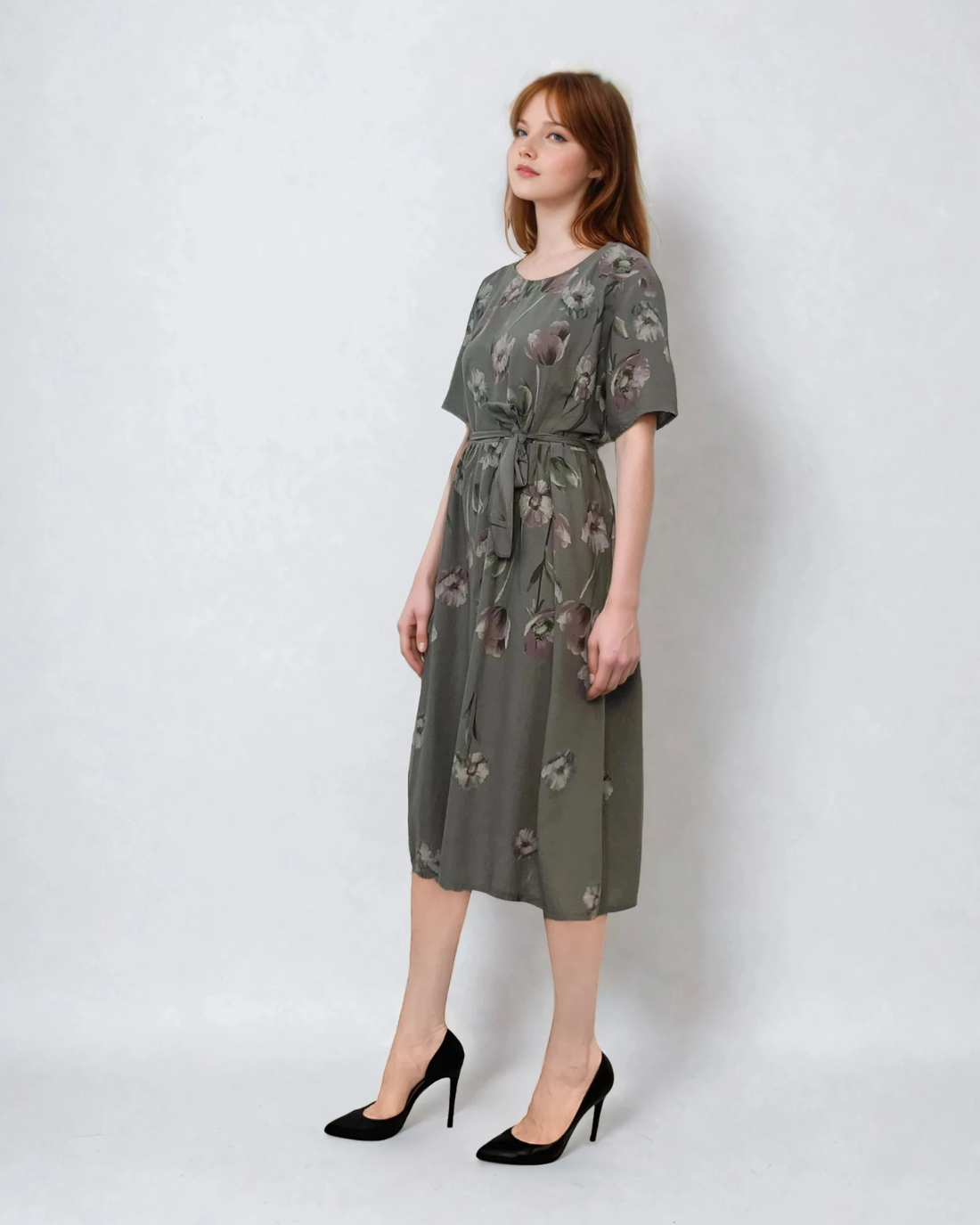 Rochie in print floral cu cordon-Grej 