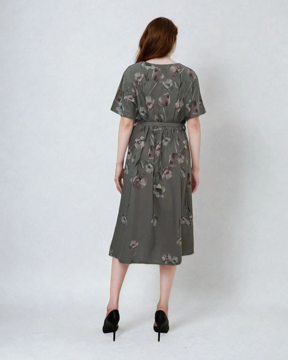 Rochie in print floral cu cordon-Grej 