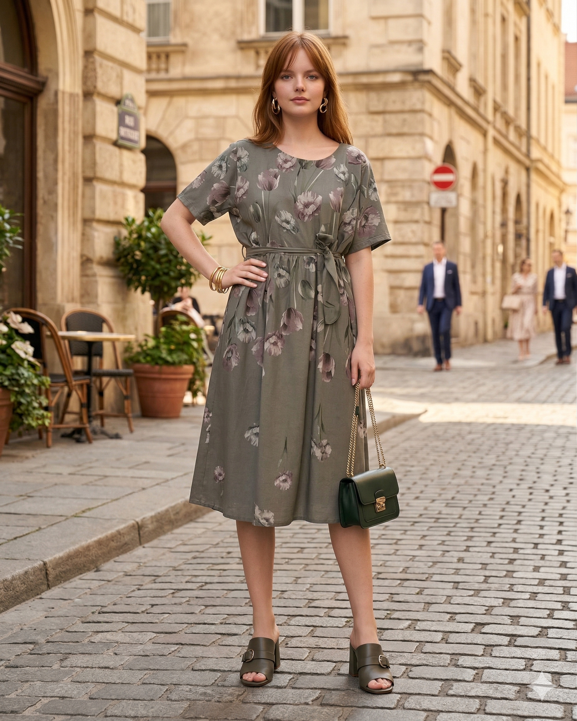 Rochie in print floral cu cordon-Grej 