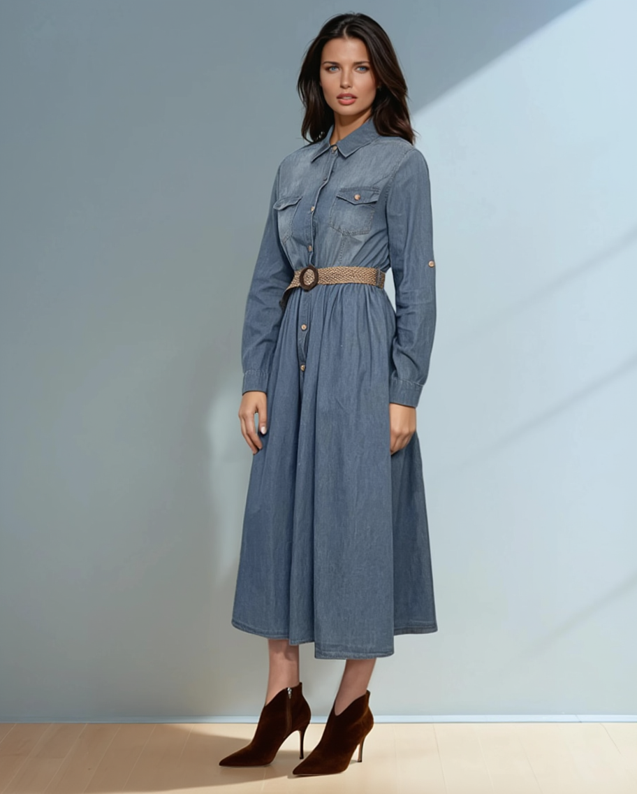 Rochie jeans lunga cu buzunare piept și curea albastru-jeans 