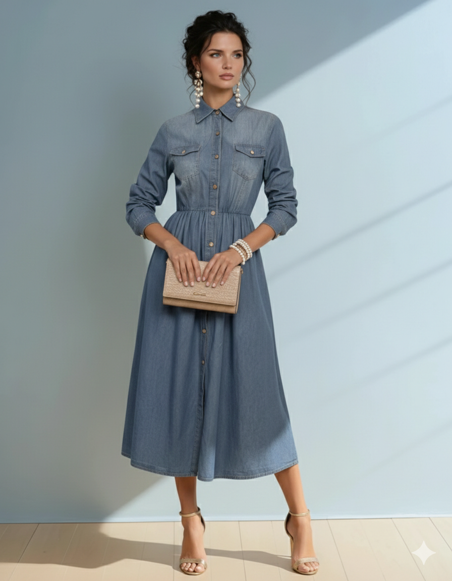 Rochie jeans lunga cu buzunare piept și curea albastru-jeans 
