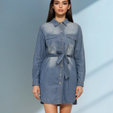 Rochie jeans stil cămașă cu cordon și mânecă lungă albastru-jeans 