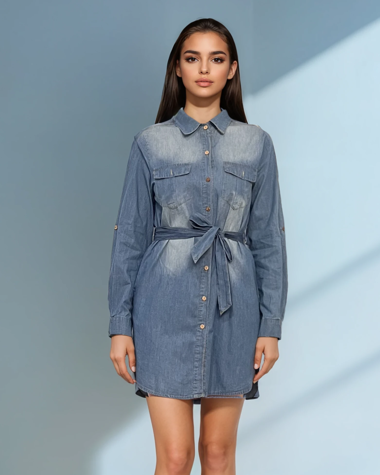 Rochie jeans stil cămașă cu cordon și mânecă lungă albastru-jeans 
