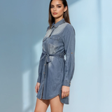 Rochie jeans stil cămașă cu cordon și mânecă lungă albastru-jeans 