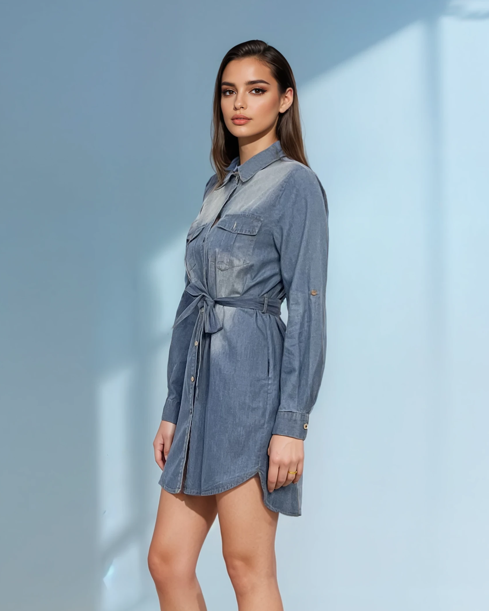 Rochie jeans stil cămașă cu cordon și mânecă lungă albastru-jeans 