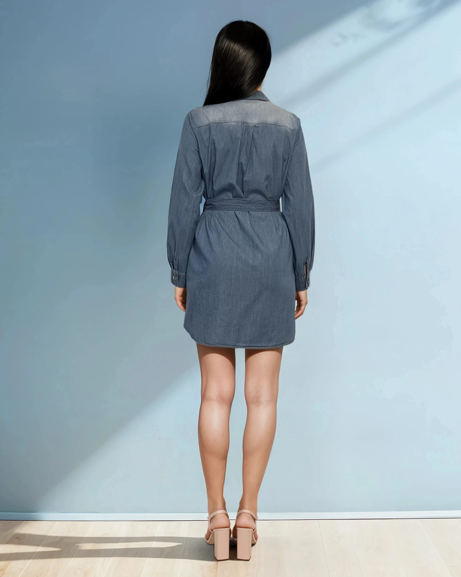 Rochie jeans stil cămașă cu cordon și mânecă lungă albastru-jeans 