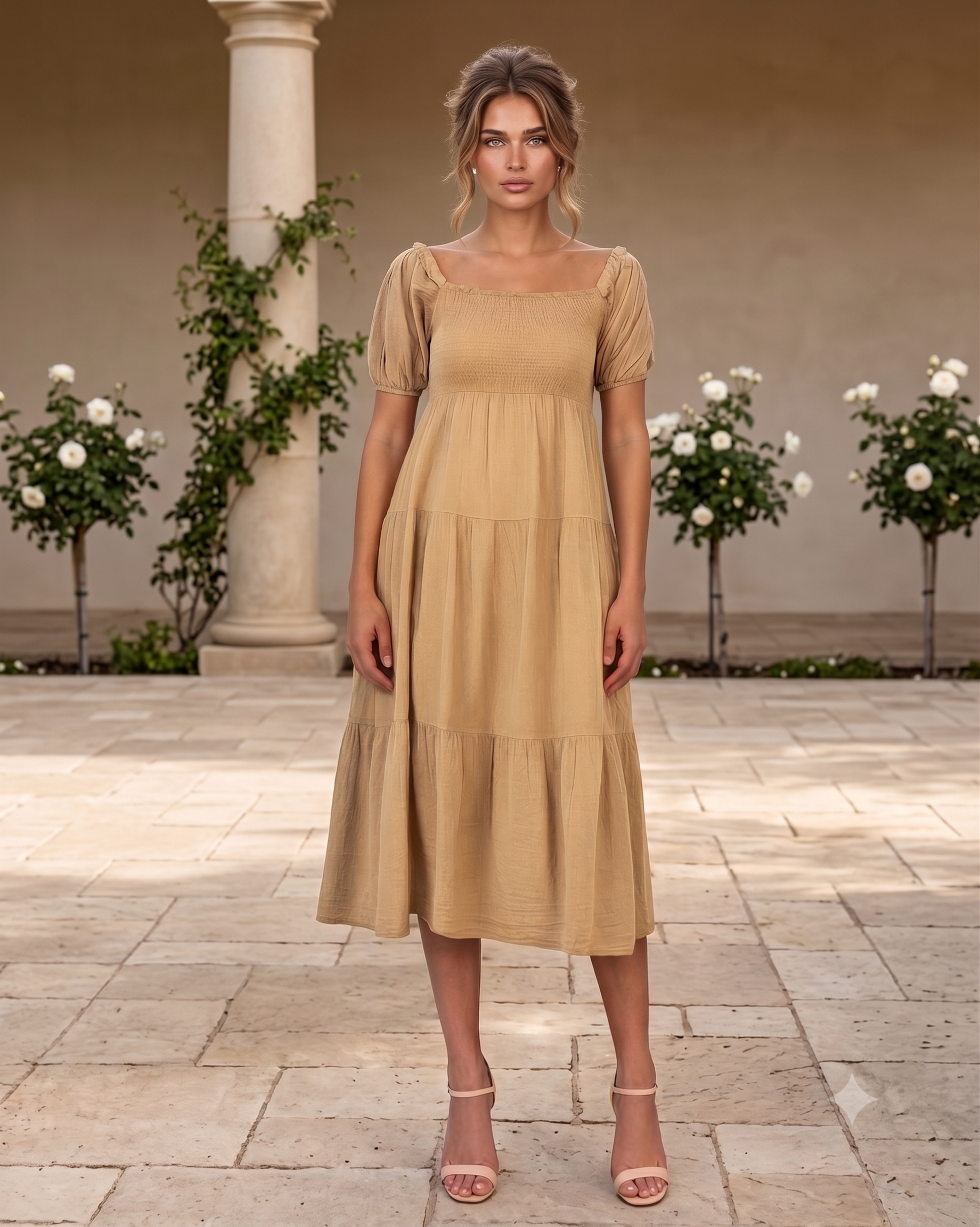 Rochie largă cu elastic la bust și spate beige PN024