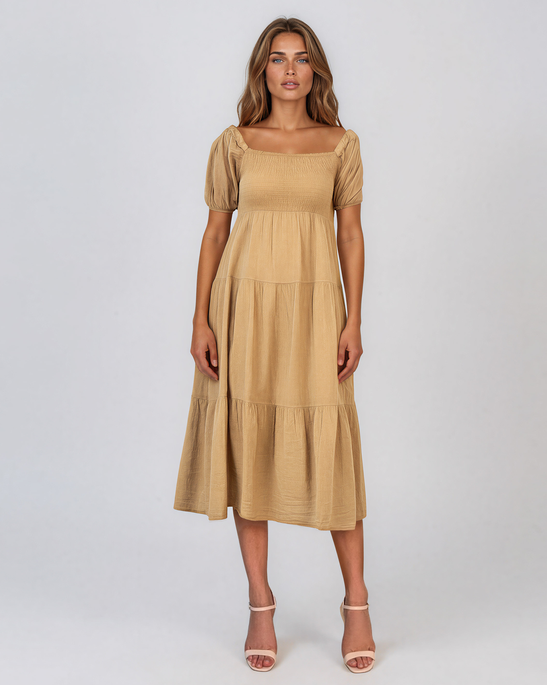 Rochie largă cu elastic la bust și spate beige PN024