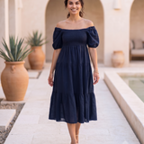 Rochie largă cu elastic la bust și spate bleumarin PN024