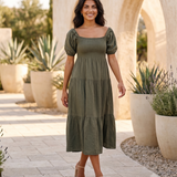 Rochie largă cu elastic la bust și spate kaki PN024
