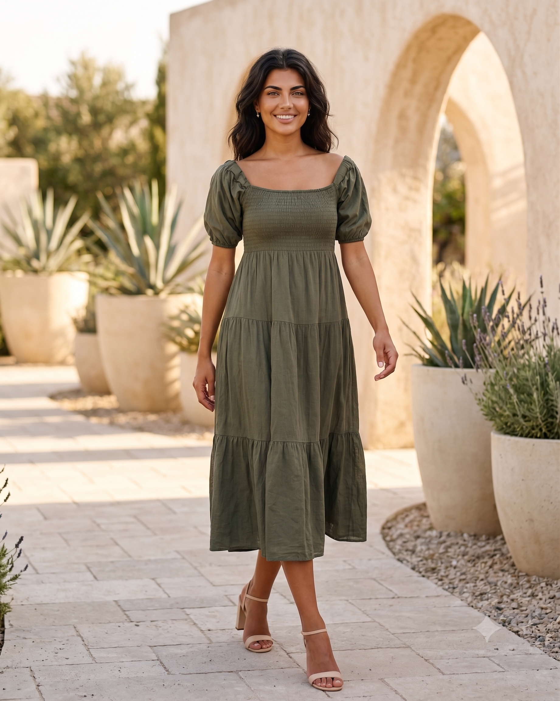 Rochie largă cu elastic la bust și spate kaki PN024