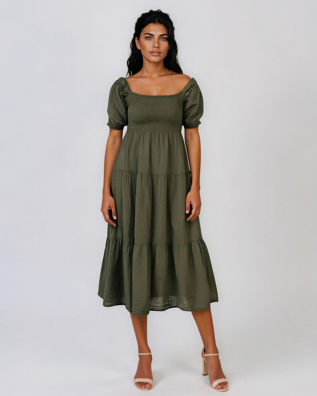 Rochie largă cu elastic la bust și spate kaki PN024