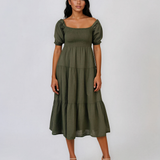 Rochie largă cu elastic la bust și spate kaki PN024