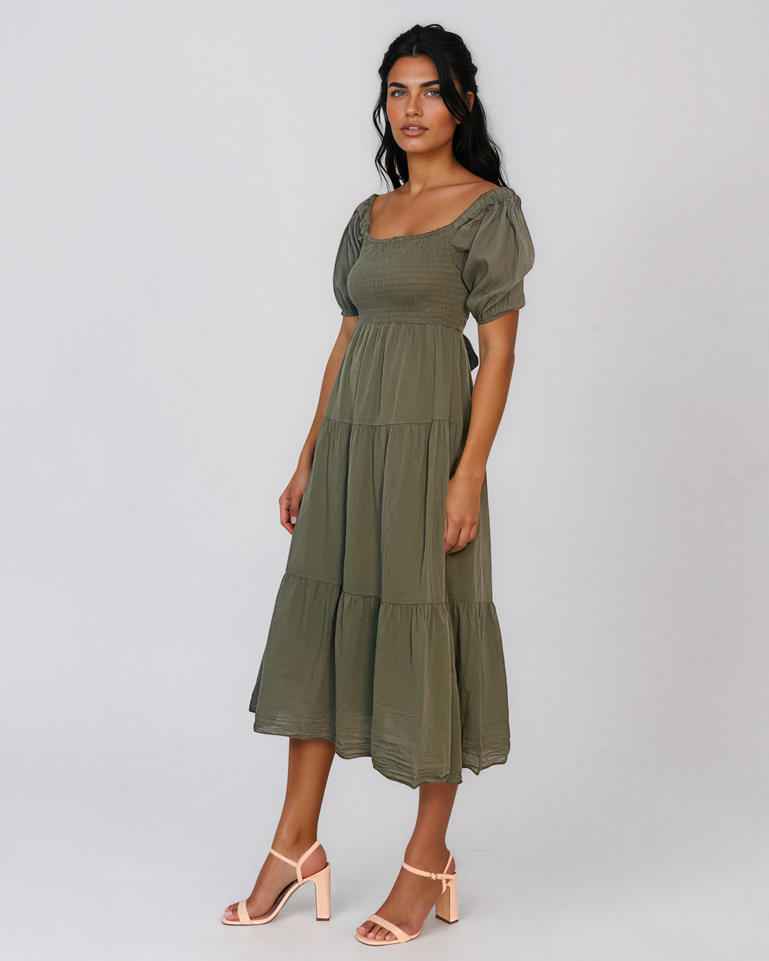 Rochie largă cu elastic la bust și spate kaki PN024