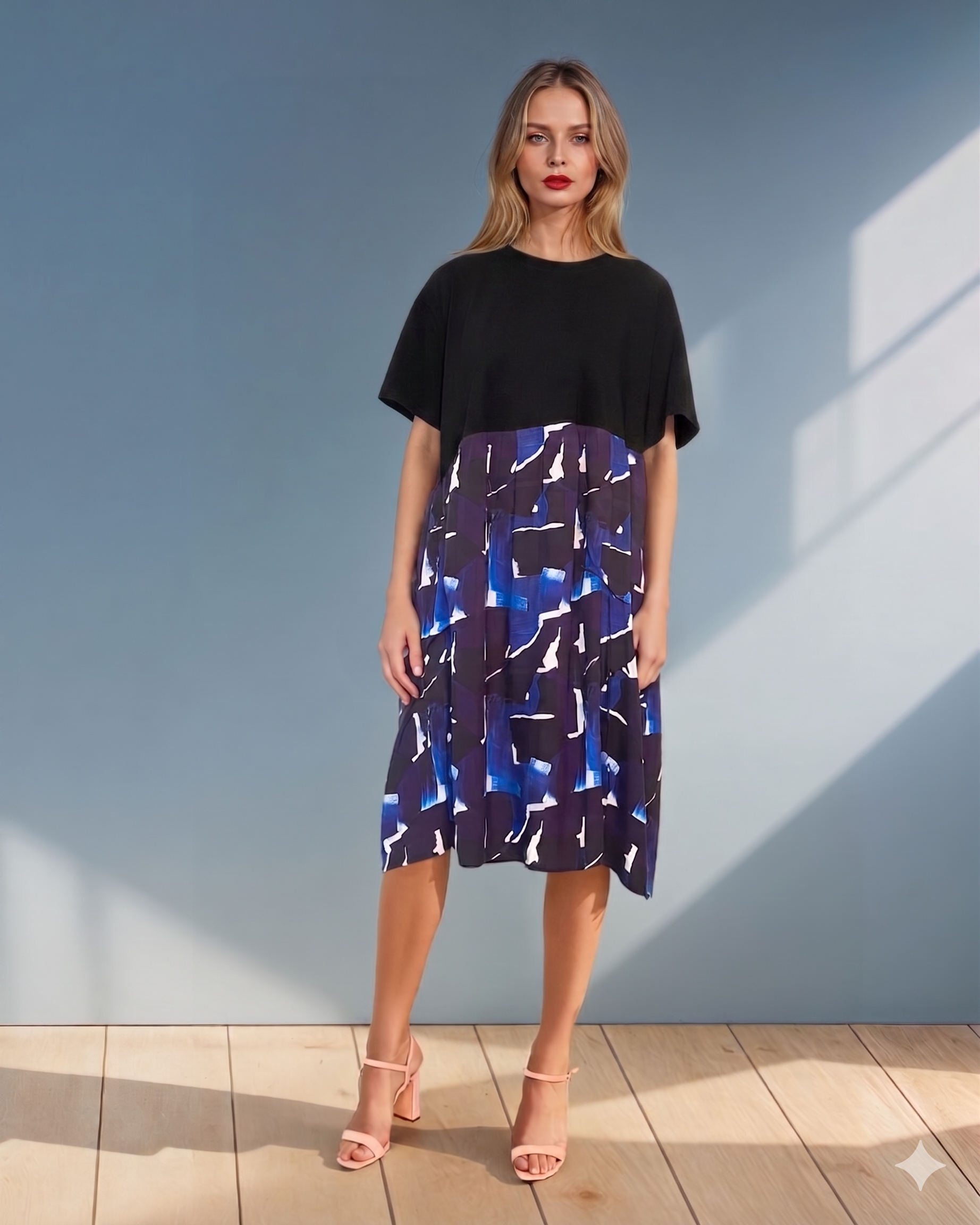 Rochie largă cu mânecă scurtă și print geometric albastru PR876