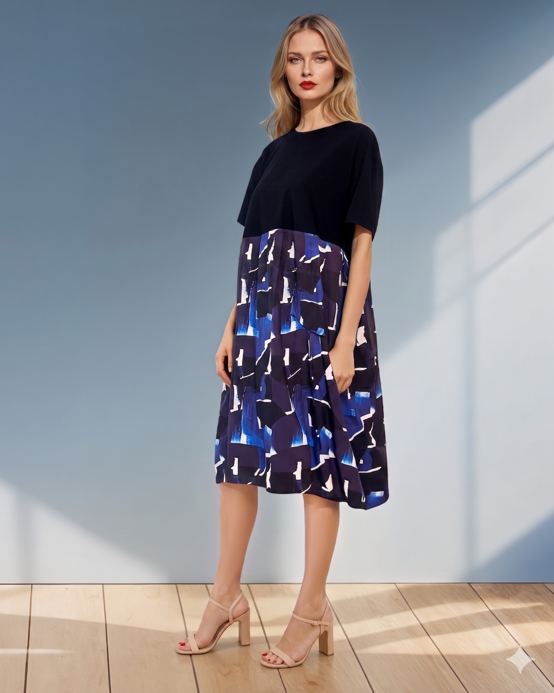 Rochie largă cu mânecă scurtă și print geometric albastru PR876