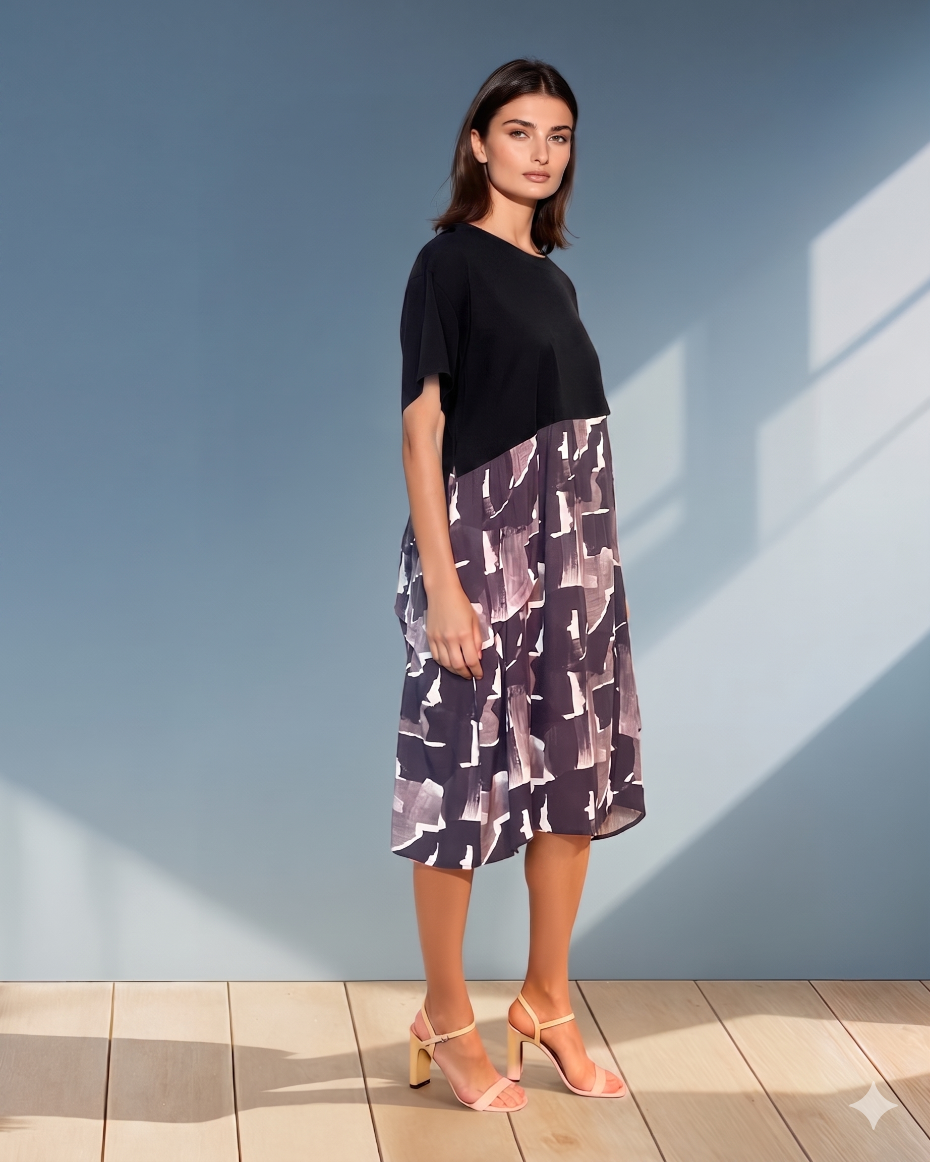 Rochie largă cu mânecă scurtă și print geometric gri PR876