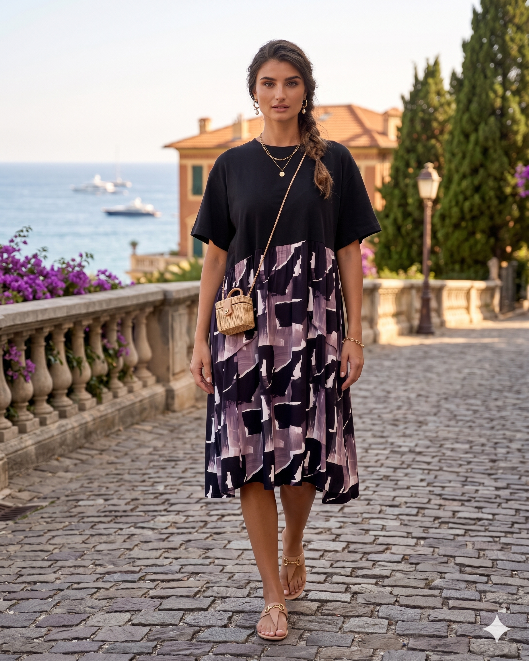 Rochie largă cu mânecă scurtă și print geometric gri PR876