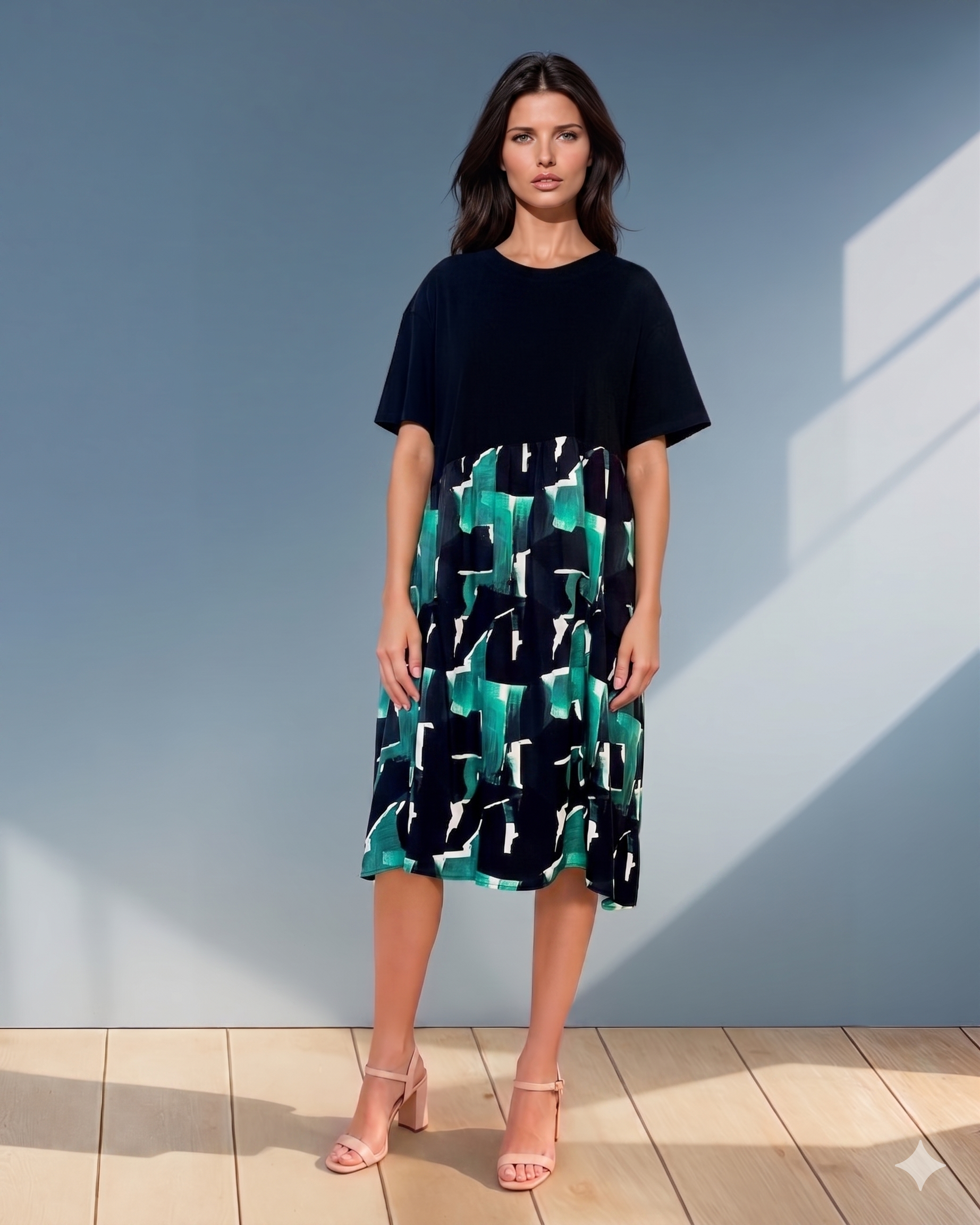 Rochie largă cu mânecă scurtă și print geometric verde PR876